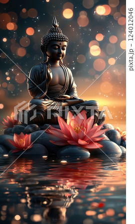 Buddha statue in lotus position on tranquil water with lotus flowers and glowing bokeh lights 124012046