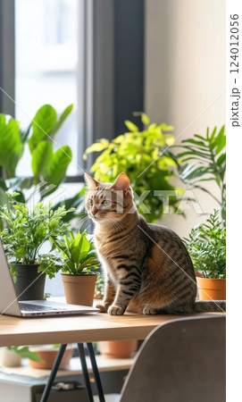 Cat sits on desk with laptop, enjoying modern home office surrounded by indoor plants 124012056