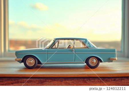 窓辺の机に置かれたミニチュアの車の風景 124012211
