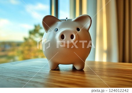 窓辺の机に置かれた豚の貯金箱の風景 窓辺の机に置かれた豚の貯金箱の風景 124012242