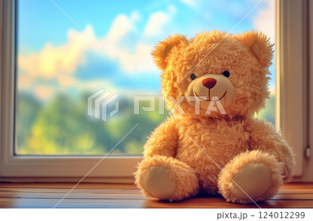 窓辺の机に置かれたクマのぬいぐるみの風景 窓辺の机に置かれたクマのぬいぐるみの風景 124012299