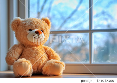 窓辺の机に置かれたクマのぬいぐるみの風景 窓辺の机に置かれたクマのぬいぐるみの風景 124012300