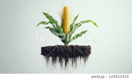 Vibrant corn cob with green leaves and soil displayed against a light background 124012418