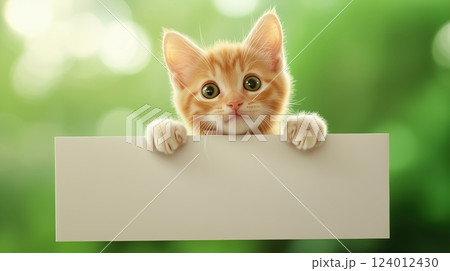 Cute kitten peeks over a blank banner with curiosity in a soft green setting 124012430