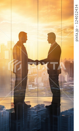 Businessmen shake hands against a city skyline at sunset during a moment of partnership 124012434