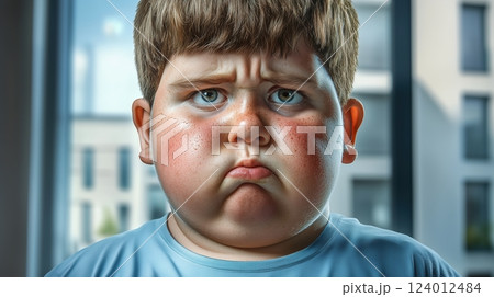 Portrait of an expressive young boy in a modern apartment setting, showcasing vibrant colors 124012484