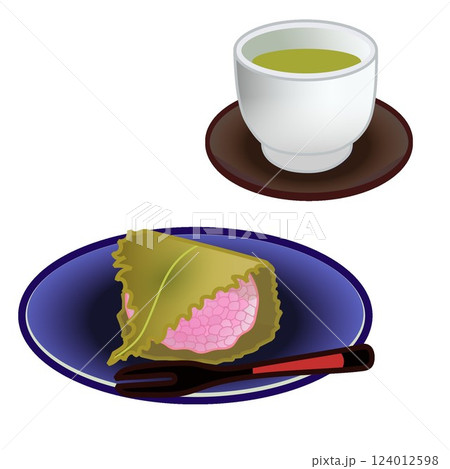 小皿に乗った桜餅とお茶のイラスト 124012598