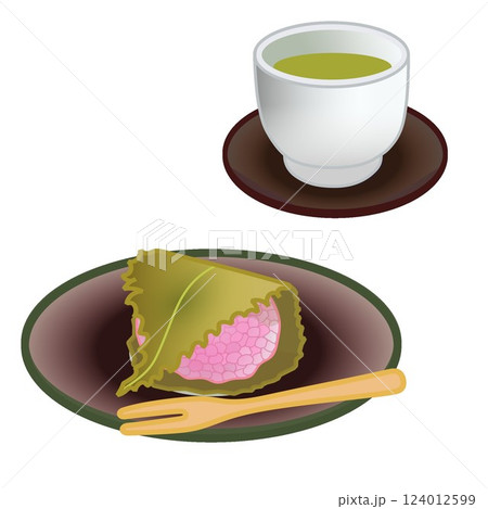 小皿に乗った桜餅とお茶のイラスト 124012599