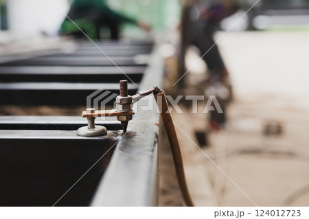 Welding electric point outdoor workshop in building site. 124012723