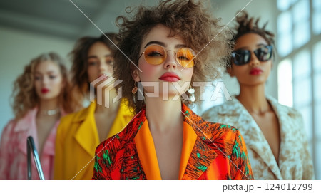 Dynamic fashion showcase featuring diverse models and stylish outfits in bright studio 124012799