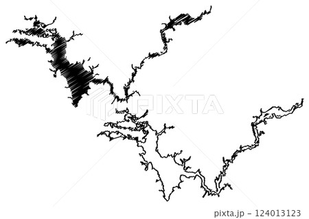 Lake Mbakaou (Africa, Republic of Cameroon) map vector illustration, scribble Mbakaou reservoir map 124013123