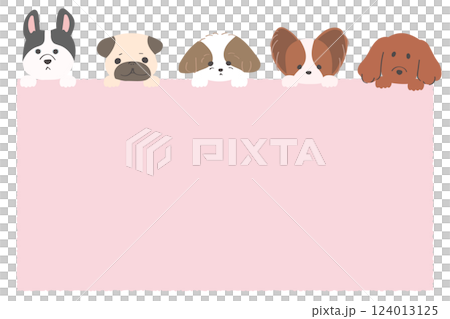 可愛い犬が上に乗ったフレーム　ペットショップや犬カフェのチラシに適したイラスト　テンプレート 124013125