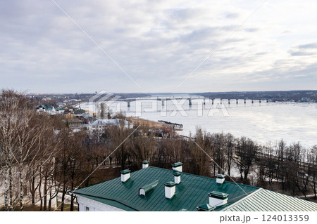 above view of river with bridge in Kostroma city 124013359