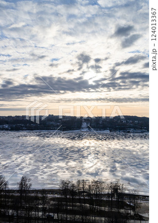 above view of ice floes on river in Kostroma city above view of ice floes on river in Kostroma city 124013367