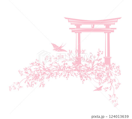 japanese shinto torii gate decorated with spring sakura blossom branches forming arch and flying birds vector design japanese shinto torii gate decorated with spring sakura blossom branches forming arch and flying birds vector design 124013639