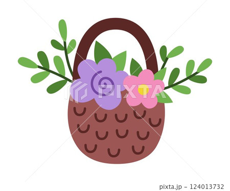 Vector cartoon flower basket clipart. Woodland or garden plant icon isolated on white background. Forest nature floral illustration. Cottage core harvest 124013732