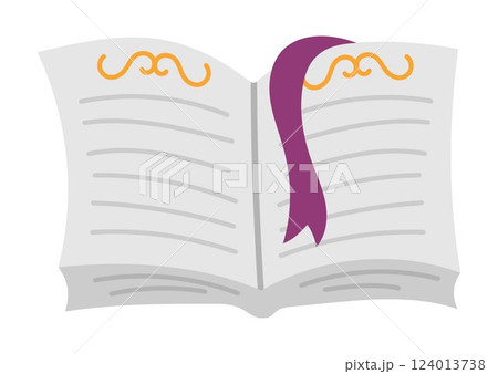 Vector opened spell book with bookmark, front view. Back to school or fairytale educational clipart. Cute flat copybook or spellbook. Blank sheets of paper. Fairy or witch magic object Vector opened spell book with bookmark, front view. Back to school or fairytale educational clipart. Cute flat copybook or spellbook. Blank sheets of paper. Fairy or witch magic object 124013738