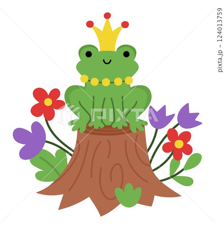 Vector frog prince or princess icon. Magic creature clipart. Cute fairytale character. Woodland fantasy animal with crown on head sitting on stump. Forest fairy tale illustration isolated on white Vector frog prince or princess icon. Magic creature clipart. Cute fairytale character. Woodland fantasy animal with crown on head sitting on stump. Forest fairy tale illustration isolated on white 124013759