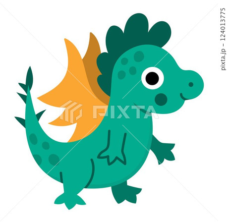 Vector green dragon icon. Magic creature clipart. Cute fairytale character. Woodland fantasy animal with orange wings. Forest fairy tale illustration isolated on white background 124013775