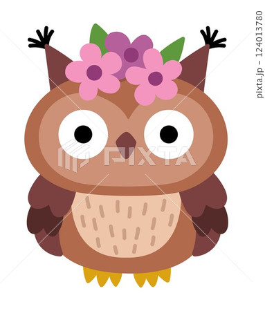 Vector owl icon. Magic creature clipart. Cute fairytale character. Woodland fantasy animal or bird with flowers on head. Forest fairy tale illustration isolated on white background 124013780