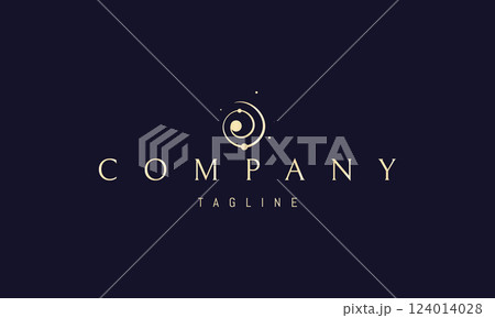 Vector golden logo with an abstract image of a galaxy in the form of a whirlpool with planets. Vector golden logo with an abstract image of a galaxy in the form of a whirlpool with planets. 124014028