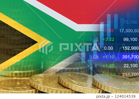 South Africa flag Stock market finance business, economy trend graph digital technology. 124014539
