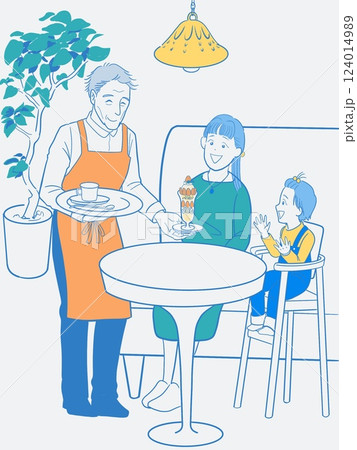 カフェでくつろぐ母子と楽しげに接客するシニアのウエイター 124014989