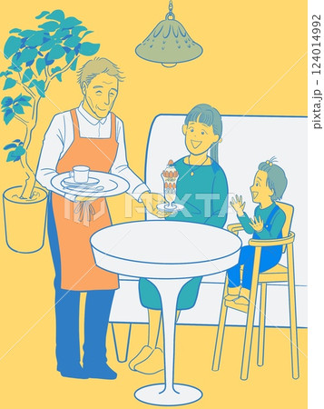カフェでくつろぐ母子と楽しげに接客するシニアのウエイター カフェでくつろぐ母子と楽しげに接客するシニアのウエイター 124014992