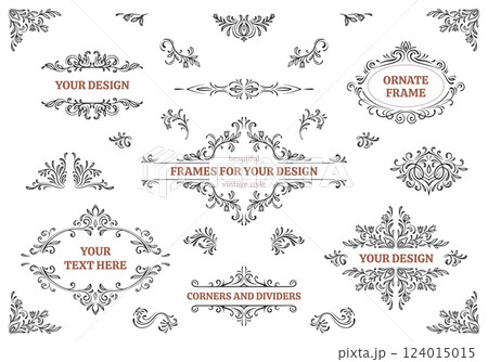 Set of decorative elements for design. Hand drawn ornate frames, borders, dividers. Vintage vector collection. 124015015