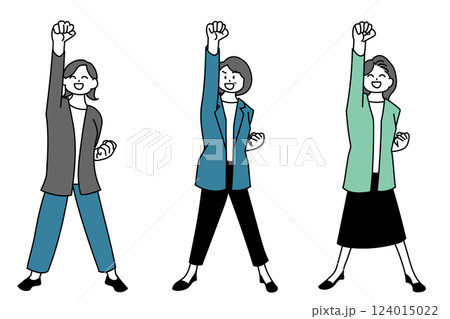 腕を挙げて元気な女性の全身イラストのセット 124015022
