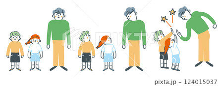 先生とタッチ　男性と二人の子供の距離の縮め方　セットのストックイラスト素材 124015037