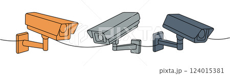 CCTV video cameras one line colored continuous drawing. External home security system. Vector illustration. 124015381