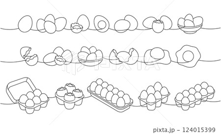 Fresh eggs set one line continuous drawing. Boiled eggs, broken eggshell, omelette, protein and yolk. Vector illustration Fresh eggs set one line continuous drawing. Boiled eggs, broken eggshell, omelette, protein and yolk. Vector illustration 124015399