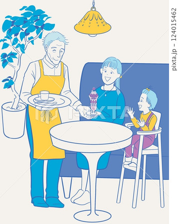 カフェでくつろぐ母子と楽しげに接客するシニアのウエイター カフェでくつろぐ母子と楽しげに接客するシニアのウエイター 124015462