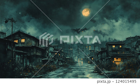 霧に包まれた寂れた街並みと不気味な満月の夜 霧に包まれた寂れた街並みと不気味な満月の夜 124015495