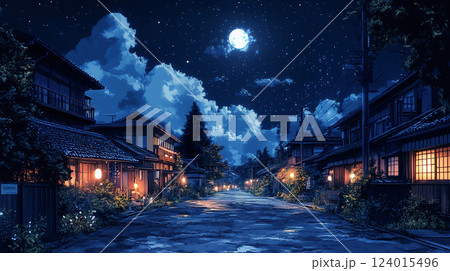 月明かりに照らされた静かな田舎町の夜 124015496