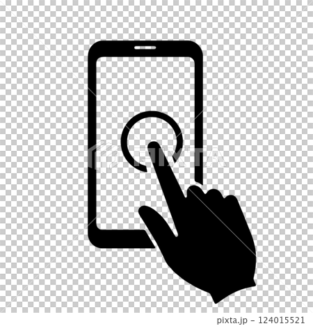 Simple black silhouette illustration of a hand touching a smartphone screen, cut out on a transparent background Simple black silhouette illustration of a hand touching a smartphone screen, cut out on a transparent background 124015521