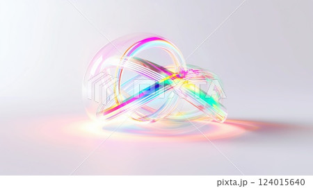 holographic translucent swirling 3d orb with luminous rainbow ribbons on clean minimal background concept of modern design, creative branding, digital art 124015640