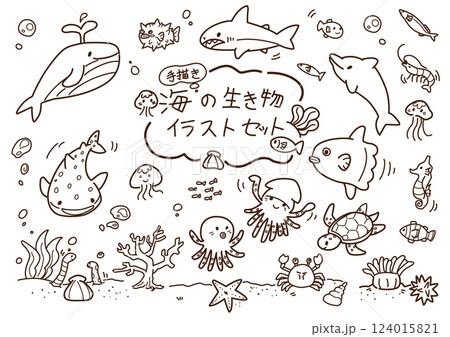 海の生き物セット　手描き　線画 124015821