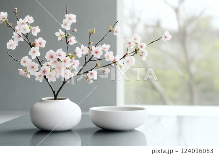 Two white vases with pink flowers in them 124016083