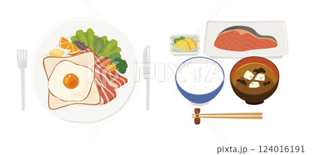 和食と洋食の朝食のイラスト 和食と洋食の朝食のイラスト 124016191