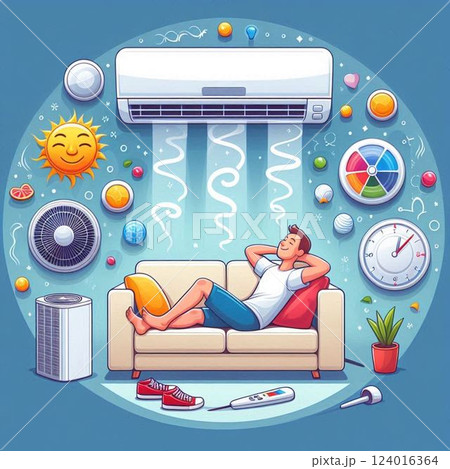 冷暖房が快適な空間に居る人。 冷暖房が快適な空間に居る人。 124016364