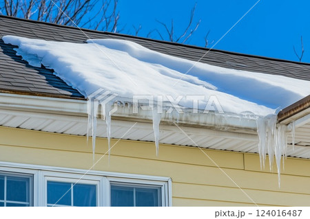 Melting Icicles on roof at sunny spring day, Generative ai 124016487