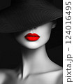 Black and white glamour portrait of young woman with red lips wearing hat, Generative ai 124016495