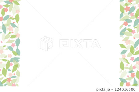 緑の葉っぱの手描きフレーム_縦サイド_ピンクの花 124016500