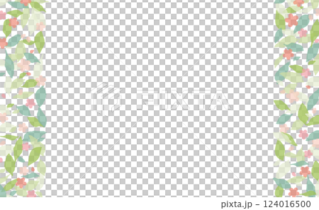 緑の葉っぱの手描きフレーム_縦サイド_ピンクの花 124016500