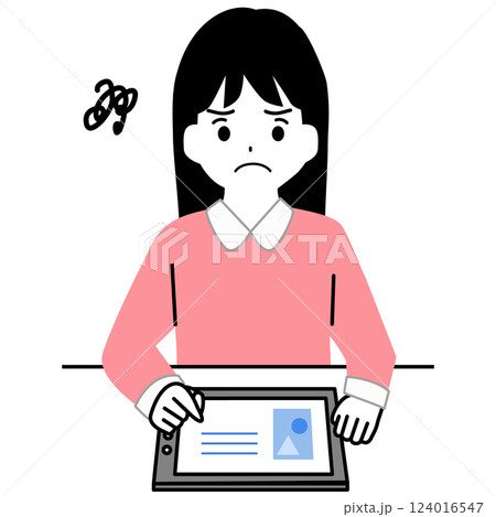 タブレットで勉強中に困っている女の子のイラスト 124016547