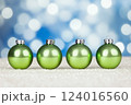 banner minimal Christmas background, festive design blue sparkling glitters, bright green Christmas tree toy balls, copy space for text, greeting card, Generative ai 124016560