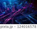 Neon blue and pink lighting virtual city model with roads and buildings, Generative ai 124016578