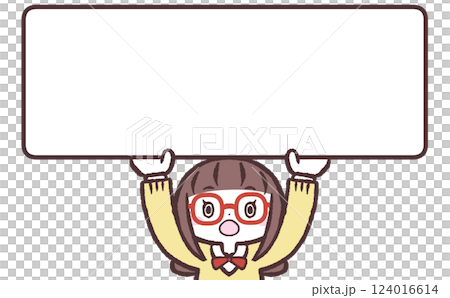 一位戴眼鏡的女學生驚訝地舉著牌子的圖片 一位戴眼鏡的女學生驚訝地舉著牌子的圖片 124016614